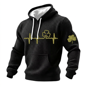 เสื้อฮู้ดดี้วาฟเฟิลสีม่วงสำหรับผู้ชาย พร้อมลายปัก ECG รูปใบโคลเวอร์สีเขียวด้านหน้าและแขนเสื้อ สวมใส่สบายๆ ในฤดูใบไม้ผลิ - Product Image 2