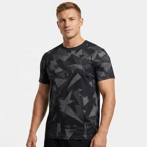 Men's Black <b>Geometric</b> Print Short Sleeve T-<b>Shirt</b> Quick Dry Sporty O-Neck Regular Fit 100% Polyester Knitted - Product Image 3