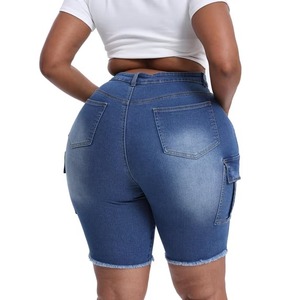 Shorts en jean déchiré bleu délavé coupe classique taille mi-haute style décontracté d'été avec poches cargo en coton denim vintage - Product Image 3