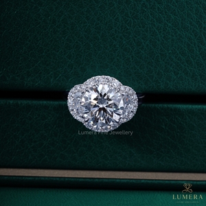 Round Brilliant Cut Lab Grown Diamond Three Stone Halo Engagement <b>Ring</b> 18K White Gold Half <b>Moon</b> Side Stones Cluster Bridal <b>Ring</b> - Product Image 2