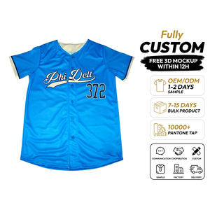 Camiseta de Béisbol Sublimada Personalizada Phi Delt 372 Azul Unisex de Manga Corta con Cuello en V y Cierre de Botones Frontales, Absorbe la Humedad, 100% - Product Image 1