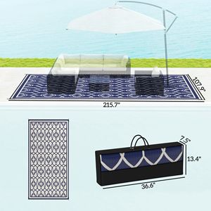 Tappeto da Esterno Reversibile con Motivo Lanterne Blu e Bianche 9FT X 18FT in Paglia Plastica Impermeabile con Borsa per il Trasporto - Product Image 3