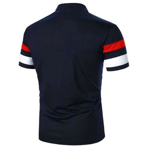 เสื้อโปโลแขนสั้นผู้ชาย ลายทางถัก สีตัดต่อ สไตล์ลำลอง สีกรมท่า แดง ขาว โลโก้ด้านหน้า พิมพ์ลายตามสั่ง ย้อมสีเร็ว - Product Image 3