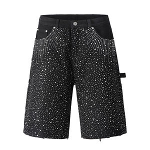 Shorts en jean baggy pour hommes OEM 2026 personnalisés 16 OZ en toile avec impression intégrale de strass et paillettes, effet vieilli, vente en gros - Product Image 3