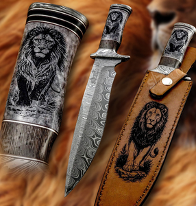 Custom Handmade Damascus Steel Bowie <b>Knife</b> with Lion King Engraved <b>Handle</b> & Leather Sheath Hunting Camping OEM Ideal Gift - Product Image 1