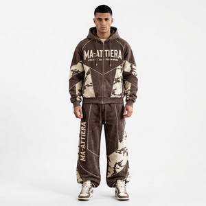 Men Brown Camouflage Hoodie Tracksuit Set <b>Oversized</b> Loose Fit Streetwear <b>Jogger</b> Pants Custom OEM ODM Wholesale - Product Image 1