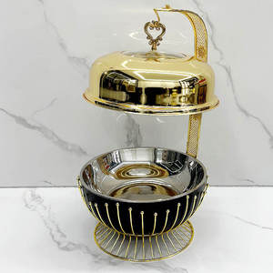 Luxury Round Stainless Steel Chafing Dish <b>Buffet</b> Food Warmer Gold Finish Ornate Pillar Stand Glass Lid Wedding Catering <b>Server</b> - Product Image 1