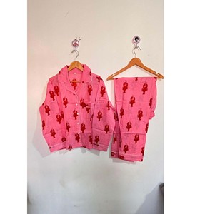 Conjunto de Pijama de Algodón con Estampado Floral para Mujer, Cuello en V, Cierre con Cordón, Mangas Largas, Largo Completo, Suave, Transpirable, Informal - Product Image 1