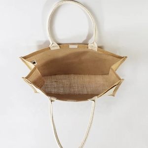 Sac de plage écologique en toile de jute uni avec logo personnalisé et poche extérieure - Product Image 4