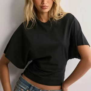 Spandex Polyester Women's Gray Cap Sleeve Crop Top Crew Neck KnittedCasual Loose Fit Spring Summer Solid Color Breathable Tee - Product Image 2