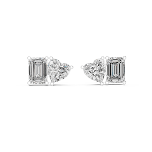 Heart & <b>Emerald</b> Cut Lab Grown Diamond <b>Stud</b> Earrings In 14k White Gold Romantic Minimalist Bridal & Everyday Diamond Jewelry - Product Image 3