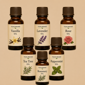 Ensemble de 5 huiles essentielles pour diffuseur, usage cosmétique et parfum : Lavande, Menthe poivrée, Eucalyptus, Romarin, Arbre à thé - Commande en gros OEM - Product Image 5