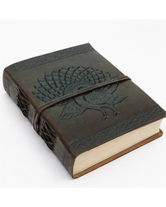 Wholesale Handmade Classic Embossed Dark Brown Vintage Hardcover Leather Notebook Beautiful Peacock Print Texture Customizable - Product Image 1