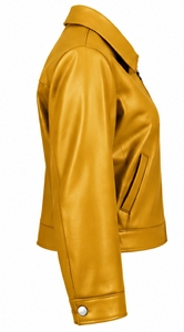 Chaqueta de Motociclista Corta de Cuero Genuino Amarillo para Mujer, con Cuello con Muescas y Cierre de Cremallera - Product Image 3