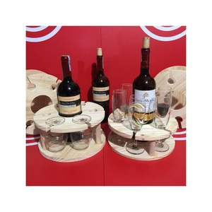 Round Wooden Wine Serving Stand with Glass Storage Eco-friendly rubber <b>pine</b> bamboo wood wine storage <b>box</b> - Product Image 1
