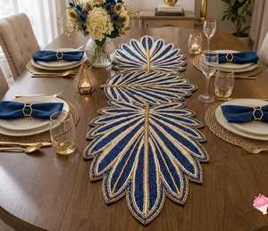 Handmade Beaded Leaf <b>Table</b> <b>Runner</b> 13x36, Blue Floral <b>Table</b> Decoration, Luxury Decorative <b>Table</b> <b>Runner</b>, Dining <b>Table</b> <b>Runner</b>, - Product Image 2