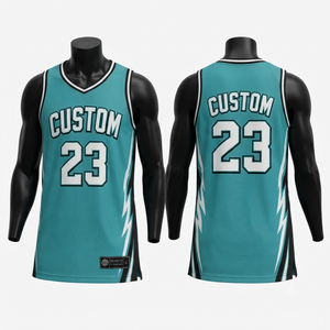 Maillot de basket personnalisé pour homme, sans manches, col en V, en mesh respirant, imprimé par sublimation, numéro d'équipe 23, couleur turquoise - Product Image 1