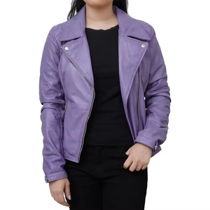 Chaqueta de Motociclista de Cuero Sintético Morado para Mujer, Chaqueta de Moda con Cierre y Cuello Camisero - Product Image 5