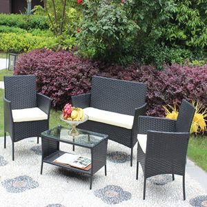 Set di Mobili da Giardino in Rattan Beige a 4 Pezzi con Sedute Imbottite, Divano in Vimini per Esterni - Product Image 2
