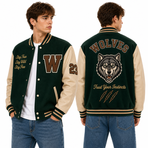 Custom Team Letterman <b>Jacket</b> Navy Cream Color Embroidered Hawk Mascot Back Logo Front Patch OEM Apparel For Players For Team Use - Product Image 5