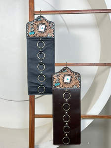 Porte-écharpe en cuir artisanal 2026 avec motif floral turquoise, en cuir de vachette, avec anneau métallique, pour fixation murale - Product Image 4