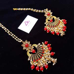 <b>Red</b> Enameled Designer Chandbali Hoop <b>Earrings</b> with Pearl and Zircon Hangings - Product Image 1
