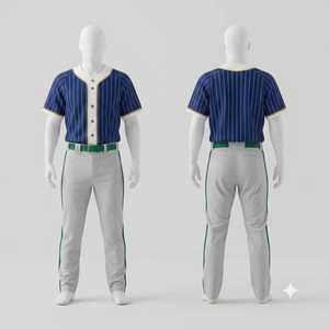 Uniforme de baseball personnalisé pour hommes, maillot bleu à rayures fines, bordure blanche, pantalon gris, ceinture verte, ensemble de vêtements de sport d'équipe, professionnel - Product Image 1