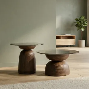 Modern Round <b>Side</b> <b>Table</b> With <b>Glass</b> Top And Wooden Base Handmade Living Room Furniture - Product Image 2