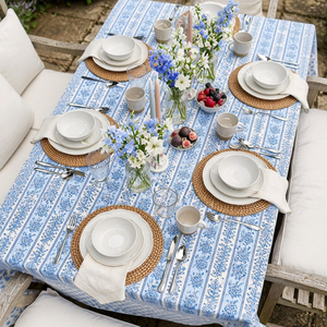 Trellis Blue Booti Hand Block Printed Cotton <b>Tablecloth</b> 180x270cm Handmade Designer Premium Dining Table Home Decor Gift - Product Image 5