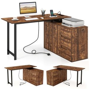 Scrivania a L Reversibile Marrone Rustico per Ufficio Domestico con Stazione di Ricarica, Cassetti e Armadietto Portadocumenti - Product Image 1