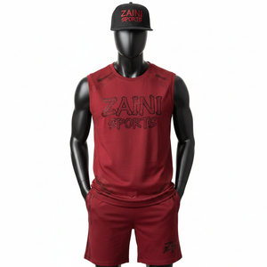 Conjunto de camiseta sin mangas y pantalones cortos para hombre, tela de poliéster y spandex, panel de malla transpirable GSM, logotipo personalizado, conjunto de camiseta sin mangas y pantalones cortos para hombre - Product Image 1