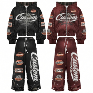 Ensemble sweat à capuche et pantalon de survêtement pour homme, coupe ample, avec broderie personnalisée effet vieilli, motif graphique en strass et délavage acide - Product Image 1