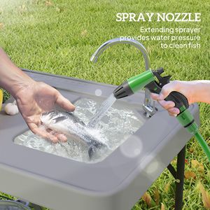 Tavolo Pieghevole Portatile Grigio per Pulizia Pesci con Lavello, Rubinetto, Tubo di Scarico, Spruzzatore e Ripiano per Campeggio e Arredamento Esterno - Product Image 4