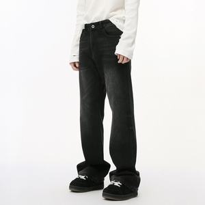 Pantalon en jean ample coupe bootcut taille mi-haute pour homme, style rétro américain, noir et gris délavé, longueur ras du sol, effet drapé, collection automne - Product Image 1