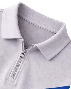 Polo à col zippé pour homme, gris clair, bleu et vert sarcelle, manches courtes, color block, tricoté, décontracté, personnalisable, pour l'été - Product Image 6