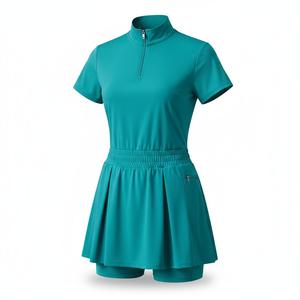 Robe de golf pour femme, couleur turquoise, avec fermeture éclair quart de tour, jupe et short intégrés, séchage rapide, couleur unie, style sportif, manches courtes - Product Image 1