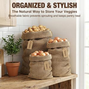 Jute <b>Vegetable</b> <b>Storage</b> Bags With Woven Labels Natural Breathable Fabric For Potatoes Onions Pantry Organization - Product Image 1