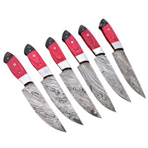 Custom Handmade Damascus Steel Kitchen Knives Set of 6 with Red <b>Wooden</b> Handles Professional Chef Cooking <b>Slicing</b> Cutting Knife - Product Image 2