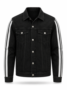 Veste en jean noire pour homme, manches à rayures blanches, fermeture boutonnée, coupe classique, style décontracté, vêtement d'automne, écologique, coupe-vent - Product Image 1