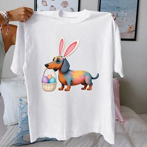 T-shirt pour femme en coton 100% tricoté avec imprimé décontracté Teckel et panier de Pâques, coupe confortable - Product Image 4