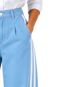 <b>Light</b> Blue Women High Waist Wide Leg Denim Jeans With White Side Stripe Loose Fit Cotton Denim Pants Casual Streetwear <b>Trousers</b> - Product Image 6
