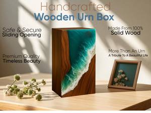 Urne funéraire artisanale en bois de rose avec motif vague océanique pour cendres humaines, taille moyenne 9x5,5 pouces, boîte urne. - Product Image 5