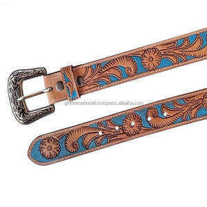 One Piece Full Grain Turquoise Floral Embossed Hand Carved <b>Men's</b> Western <b>Leather</b> Tooling <b>Belt</b> with Snap Button Buckle Closure - Product Image 5