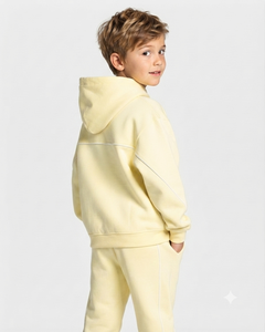 Custom Contrastline Yellow <b>Oversized</b> Kids Boys Tracksuit Set Cotton Fleece Hoodie & Wide Leg <b>Sweatpants</b> OEM & ODM Manufacturer - Product Image 2