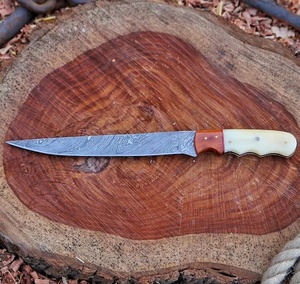 A&M EnterPrises Handmade Damascus Steel Fillet <b>Knife</b> with <b>Bone</b> <b>Handle</b> Red Wood Spacer Wooden Gift Box Survival Hunting <b>Knives</b> - Product Image 2