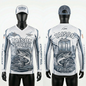 Maillot de pêche pour homme 180 GSM en tissu polyester respirant blanc et gris avec motif de poisson par sublimation, manches longues, empiècements latéraux, logo personnalisé - Product Image 1