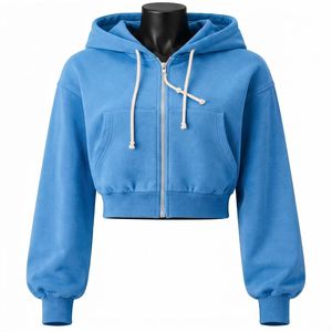 Sweat à capuche court pour femme, nouveau style, en molleton épais 100 % coton, avec fermeture éclair, chaud et confortable à manches longues - Product Image 1