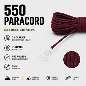 Burgundy 4mm Paracord Rope 550 Type Nylon Utility <b>Cord</b> for Camping, Survival, Craft and DIY Use - Product Image 5