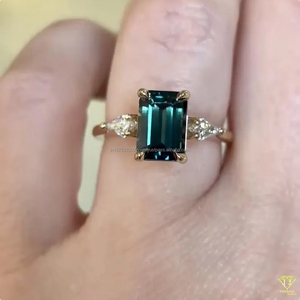 <b>Emerald</b> Cut Black Moissanite Three Stone Vintage Engagement <b>Ring</b> in 925 Sterling <b>Silver</b> with Pear Side Stones Rhodium Plated - Product Image 3
