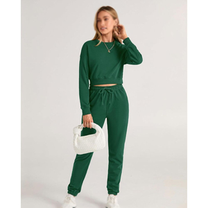 Ensemble de survêtement vert pour femmes, sweat-shirt à col rond à manches longues, pantalon à cordon de serrage, couleur unie, vêtements décontractés d'automne, 100% coton - Product Image 5